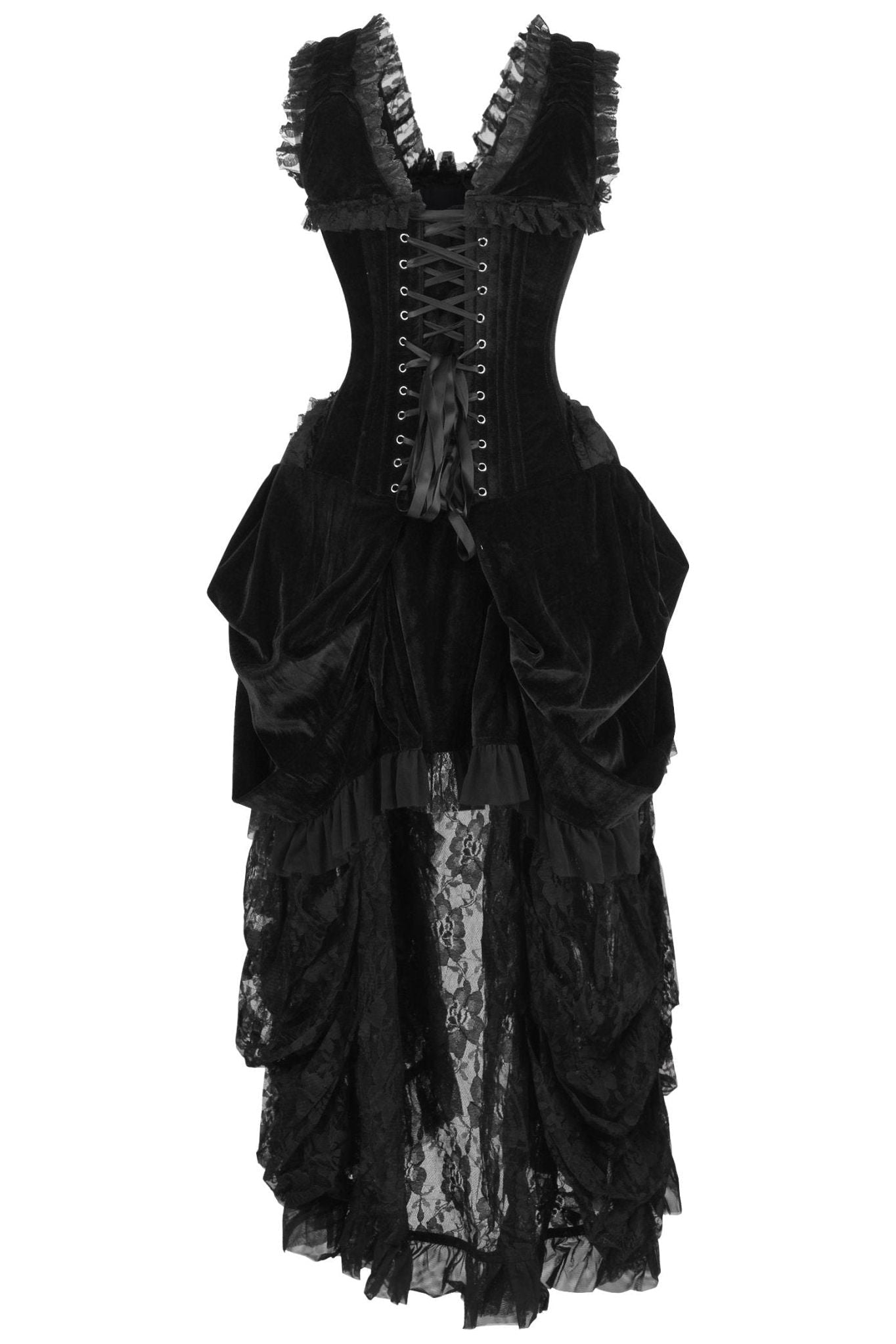 Top Drawer Steel Boned Black Velvet Victorian Bustle Corset Dress.