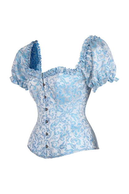 Top Drawer Steel Boned Blue Brocade Overbust Corset Top w/Sleeves