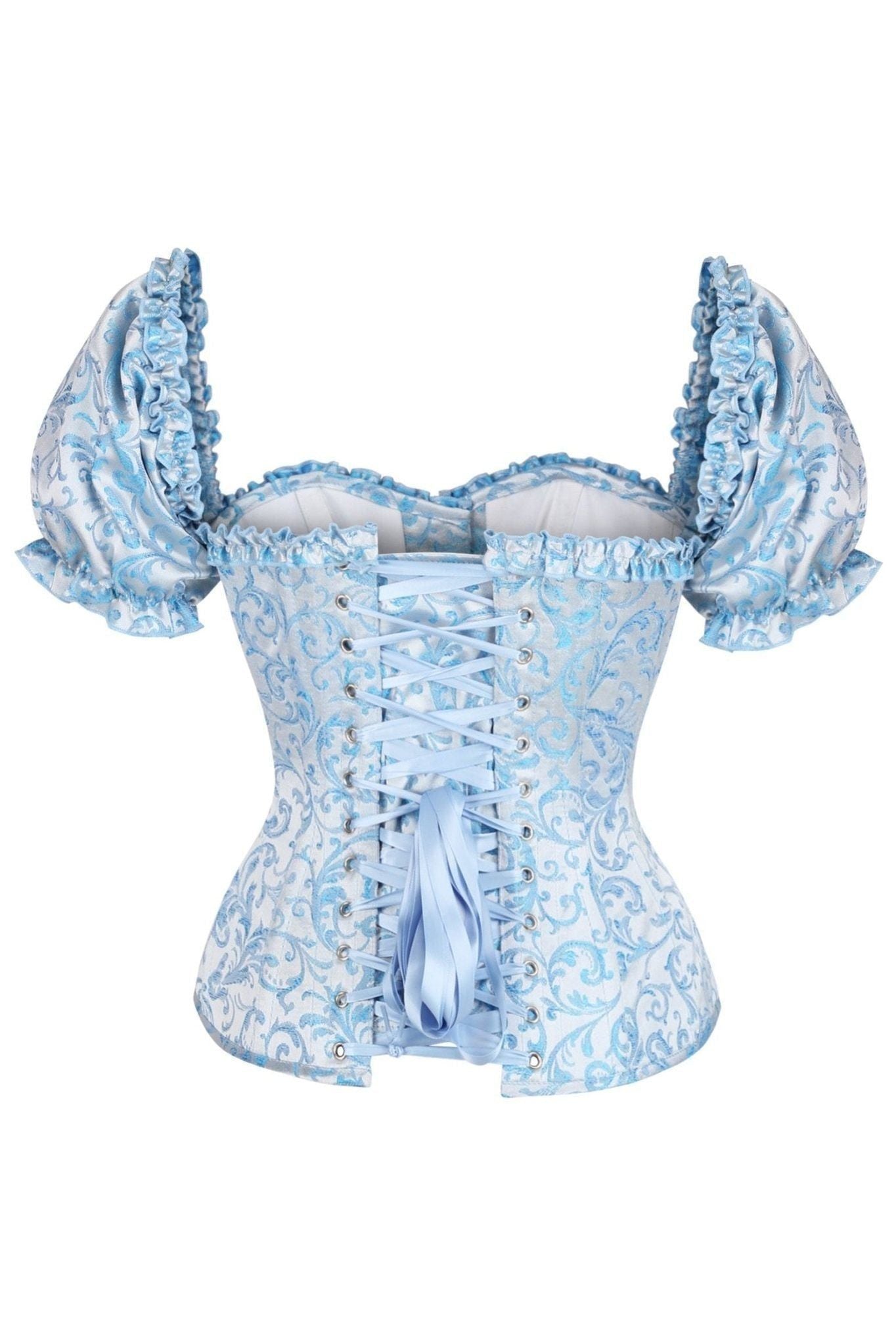 Top Drawer Steel Boned Blue Brocade Overbust Corset Top w/Sleeves
