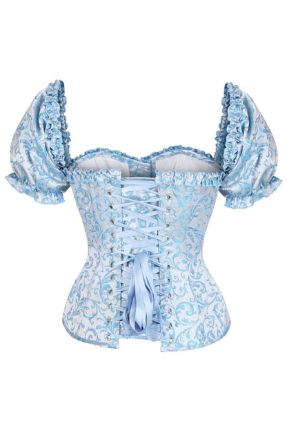 Top Drawer Steel Boned Blue Brocade Overbust Corset Top w/Sleeves