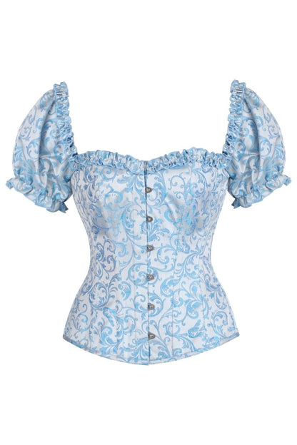 Top Drawer Steel Boned Blue Brocade Overbust Corset Top w/Sleeves