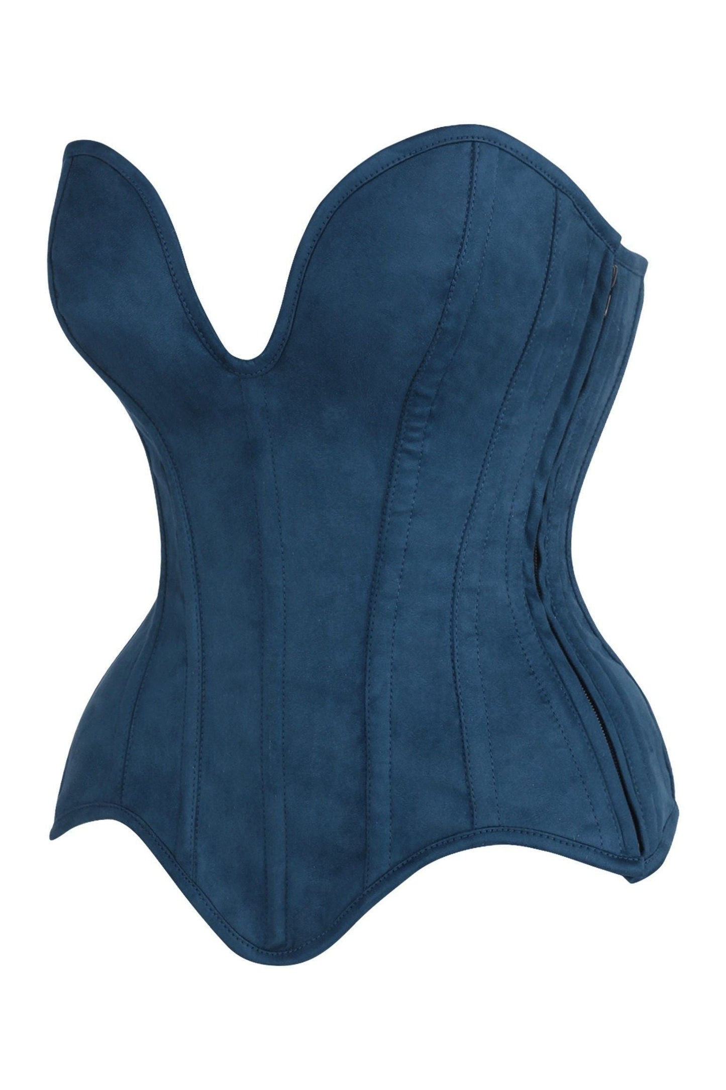 Top Drawer Steel Boned Blue Suede Deep Plunge Overbust Corset Top