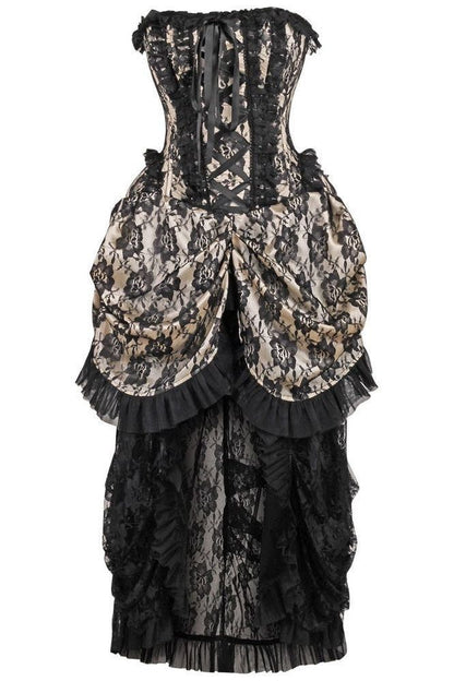 Top Drawer Steel Boned Cream w/Black Lace Bustle Corset Dress