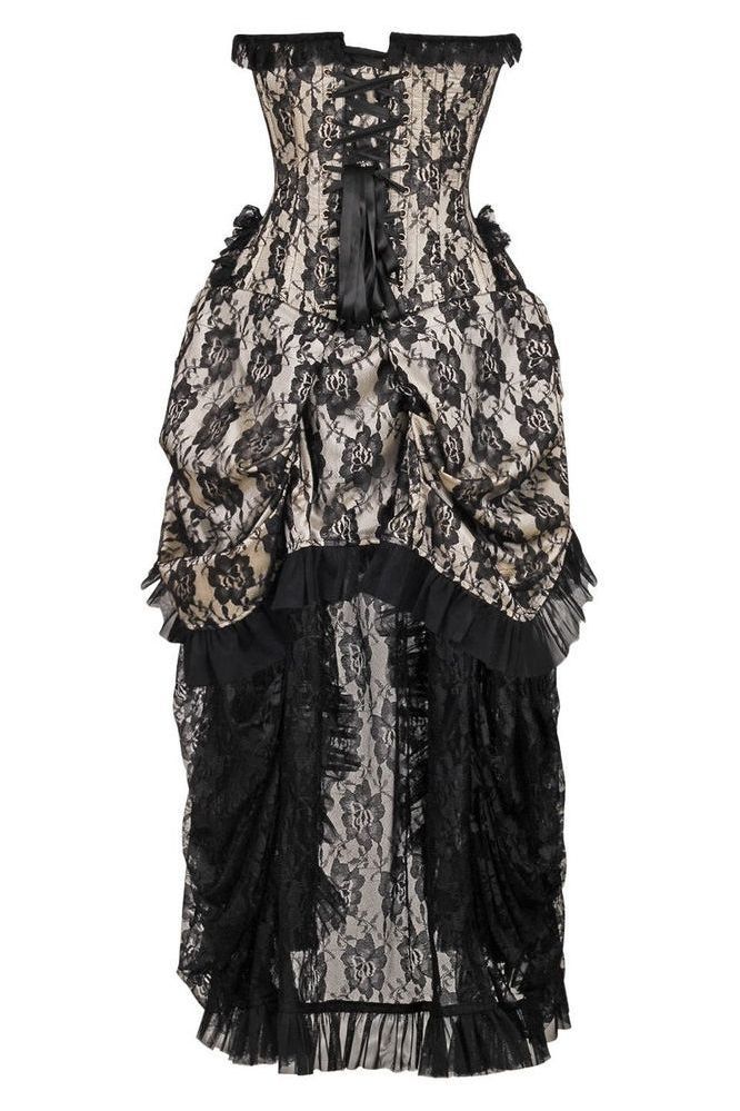 Top Drawer Steel Boned Cream w/Black Lace Bustle Corset Dress