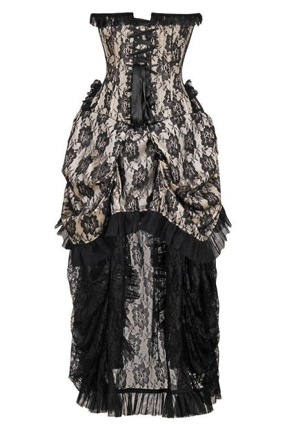 Top Drawer Steel Boned Cream w/Black Lace Bustle Corset Dress