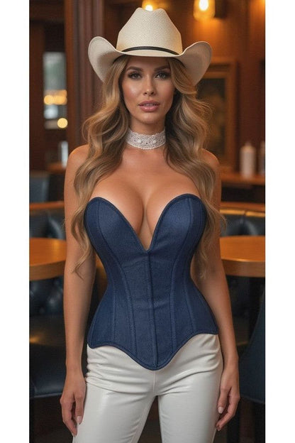 Top Drawer Steel Boned Dark Blue Denim Plunge Neckline Overbust Corset