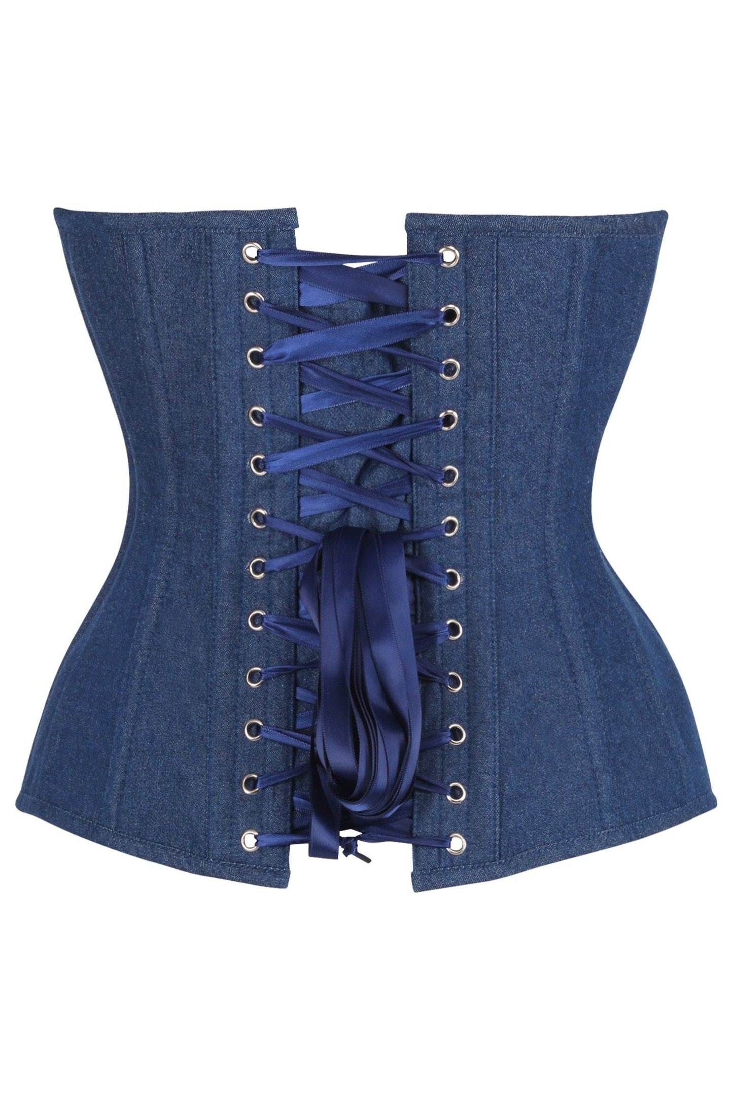 Top Drawer Steel Boned Dark Blue Denim Plunge Neckline Overbust Corset.