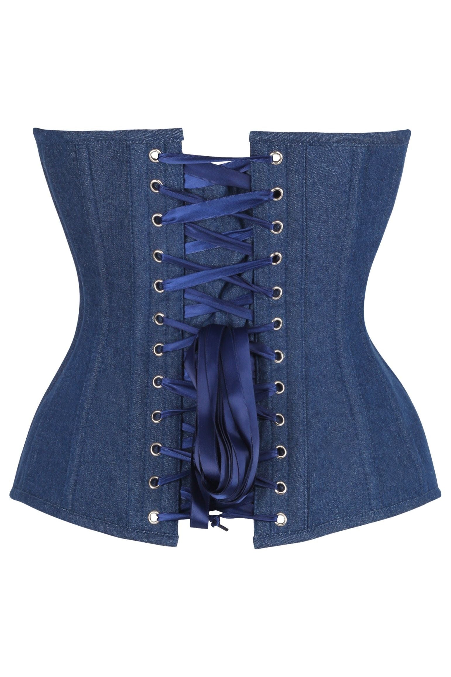 Top Drawer Steel Boned Dark Blue Denim Plunge Neckline Overbust Corset.