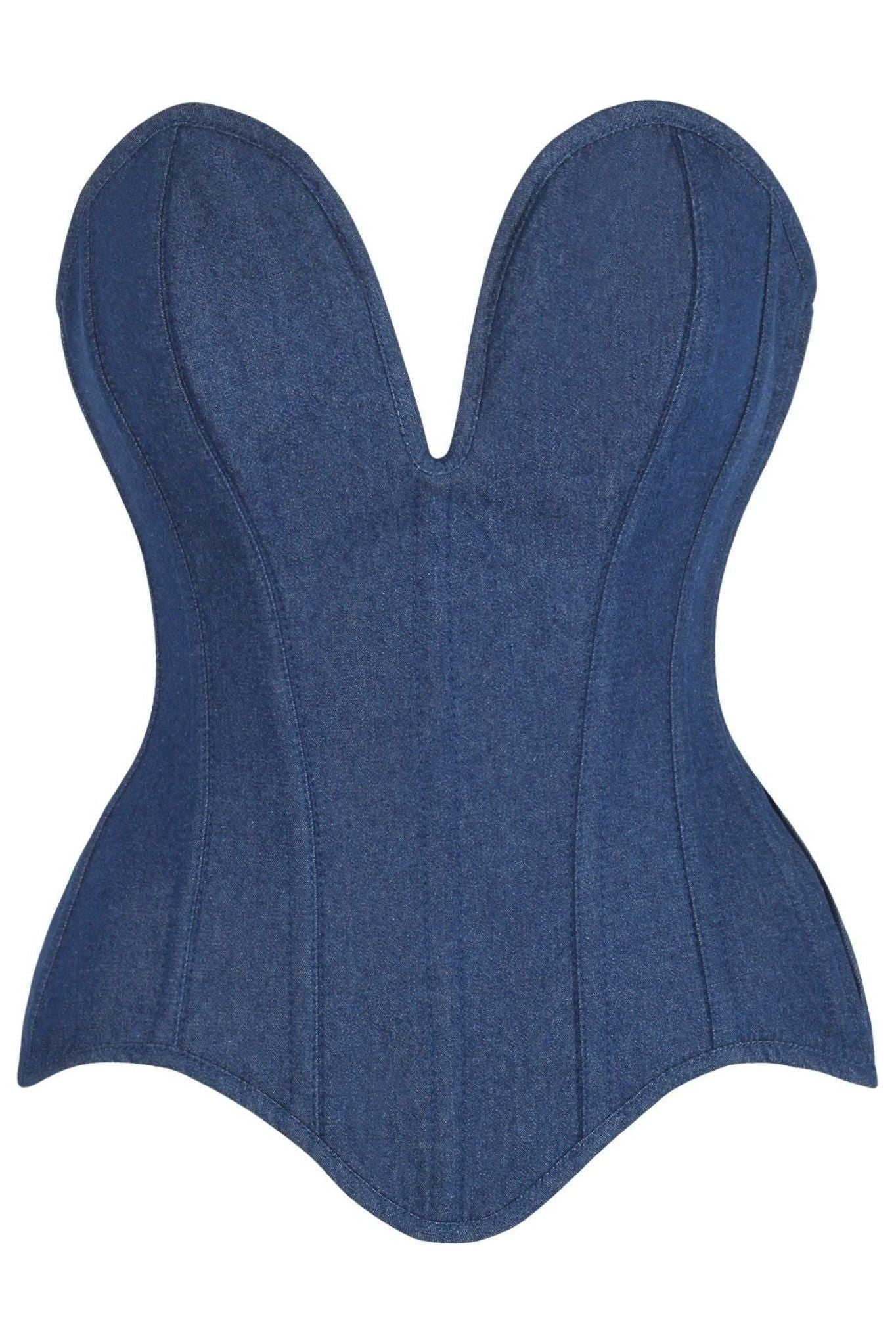 Top Drawer Steel Boned Dark Blue Denim Plunge Neckline Overbust Corset.
