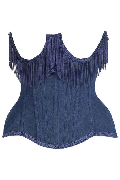 Top Drawer Steel Boned Dark Blue Denim Underwire Underbust Corset Cincher w/Fringe