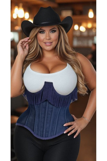Top Drawer Steel Boned Dark Blue Denim Underwire Underbust Corset Cincher w/Fringe
