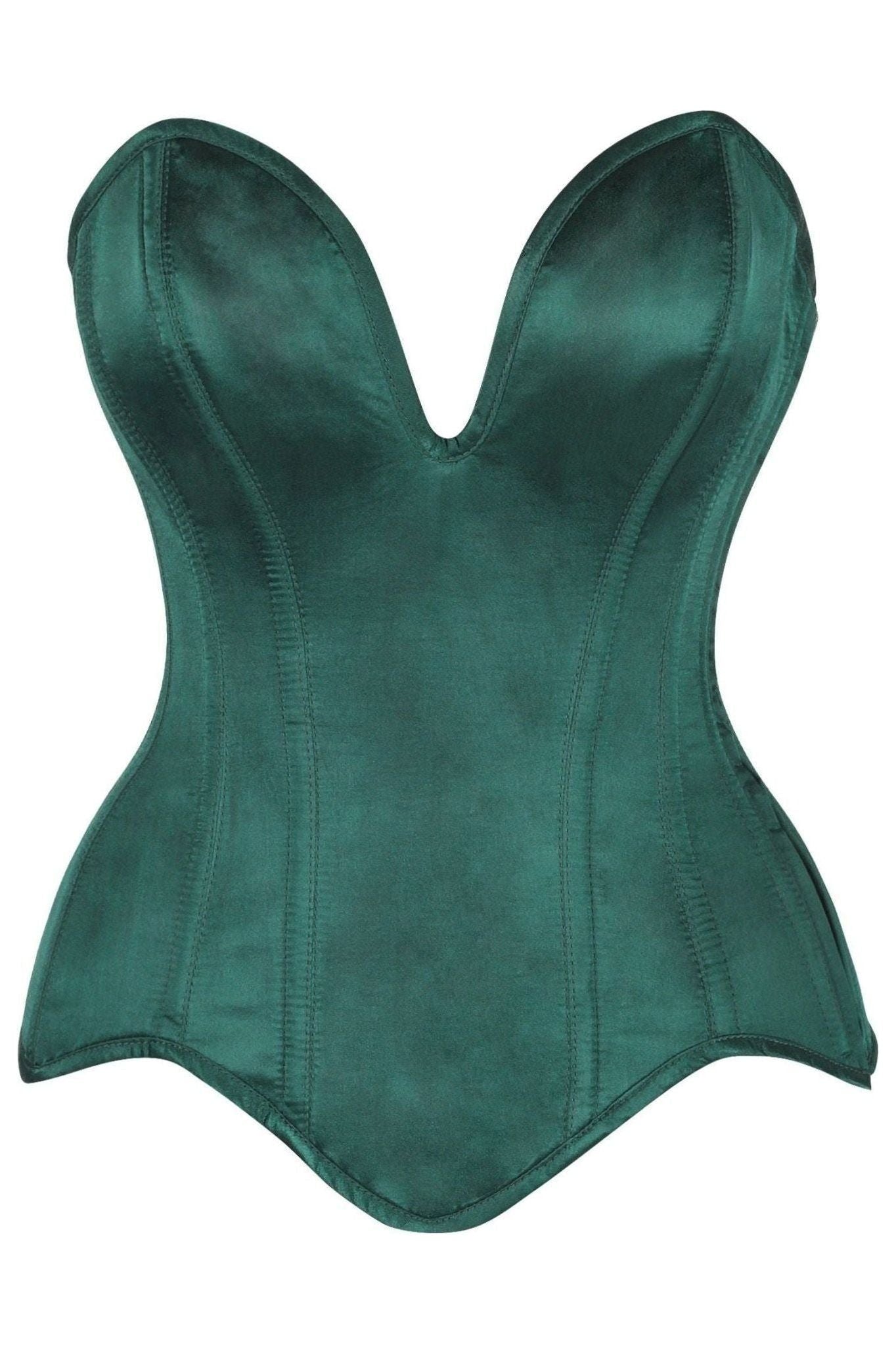 Top Drawer Steel Boned Dark Green Satin Plunge Neckline Overbust Corset.