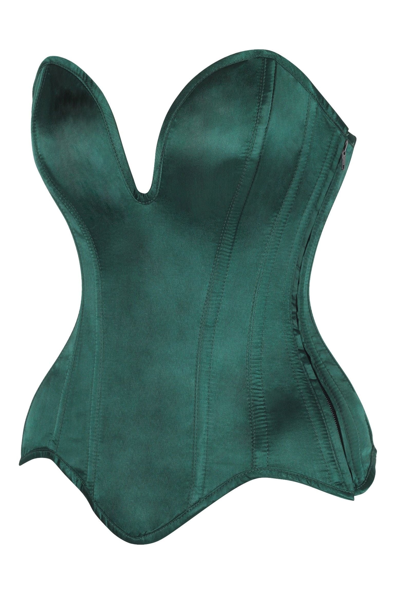 Top Drawer Steel Boned Dark Green Satin Plunge Neckline Overbust Corset.