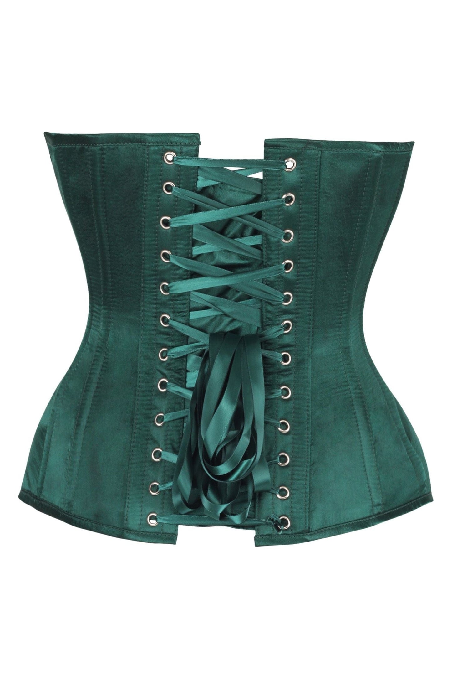 Top Drawer Steel Boned Dark Green Satin Plunge Neckline Overbust Corset.