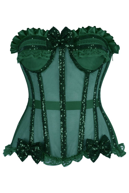 Top Drawer Steel Boned Dark Green Sequin Underwire Bustier Corset.