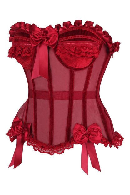 Top Drawer Steel Boned Dark Red Mesh & Velvet Underwire Bustier Corset.
