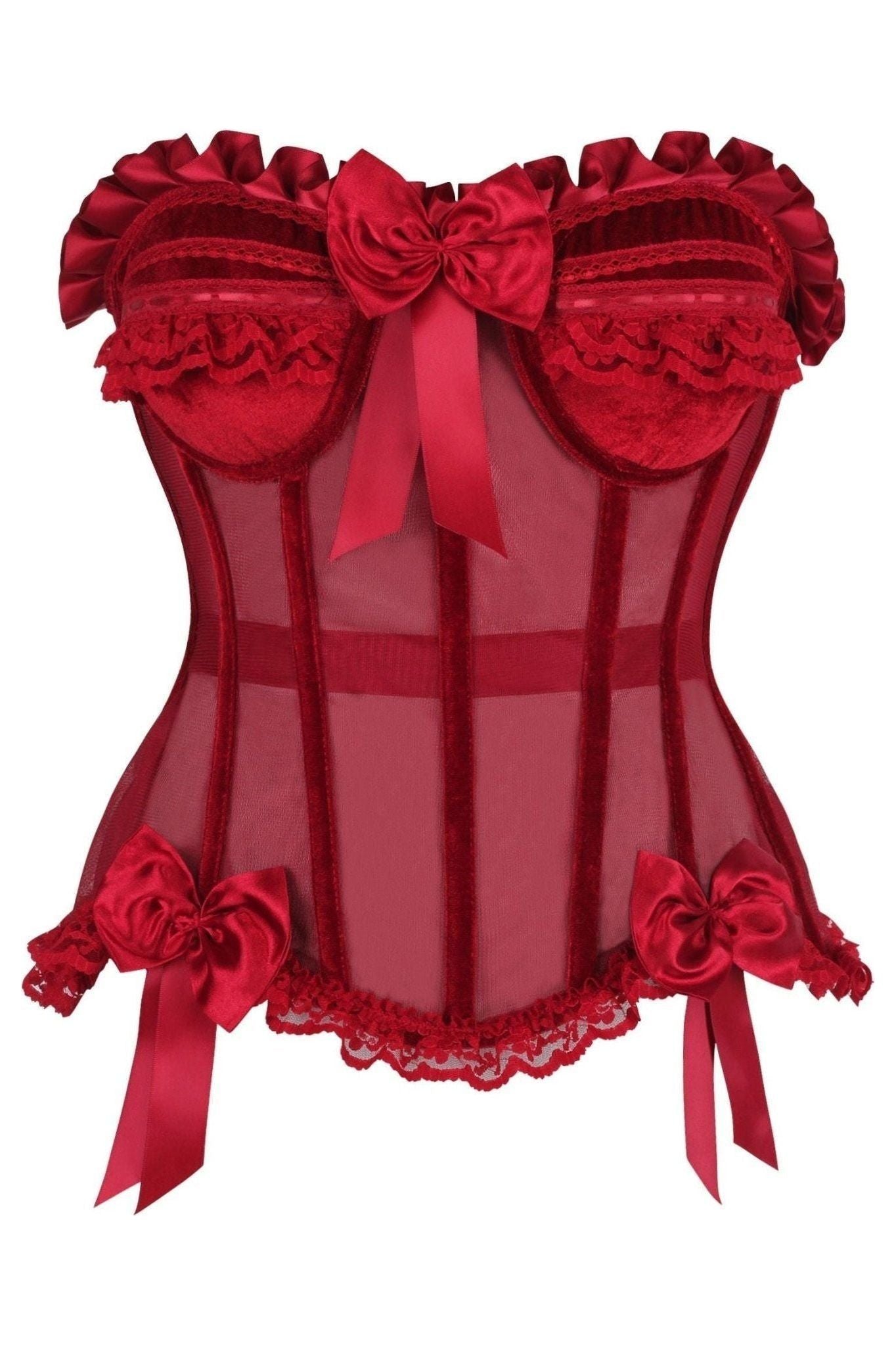 Top Drawer Steel Boned Dark Red Mesh & Velvet Underwire Bustier Corset.