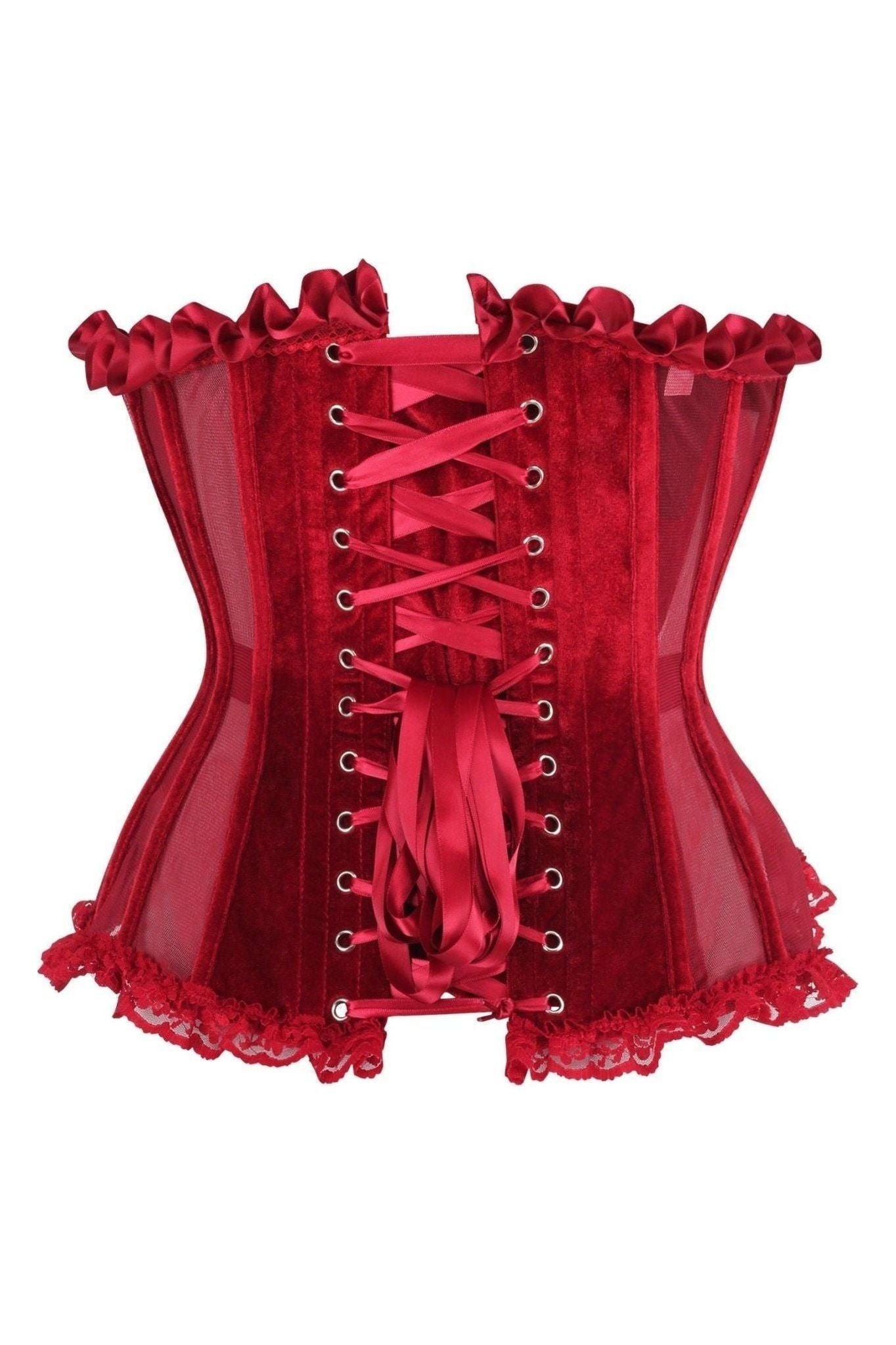 Top Drawer Steel Boned Dark Red Mesh & Velvet Underwire Bustier Corset.