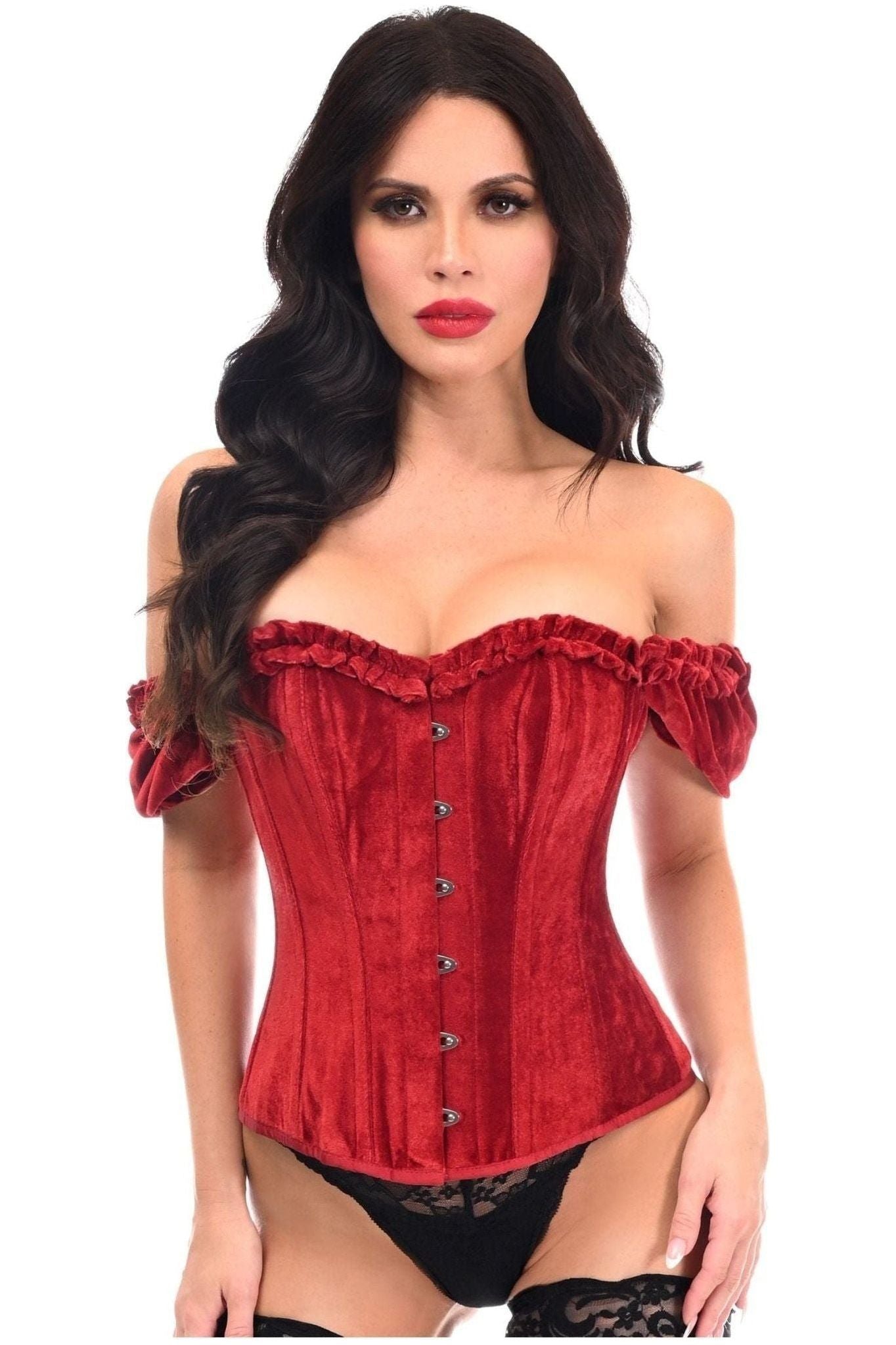 Top Drawer Steel Boned Dark Red Velvet Overbust Corset w/Sleeves.