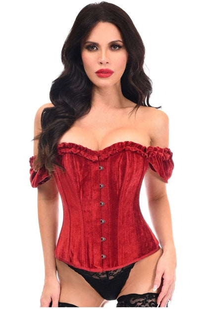 Top Drawer Steel Boned Dark Red Velvet Overbust Corset w/Sleeves.