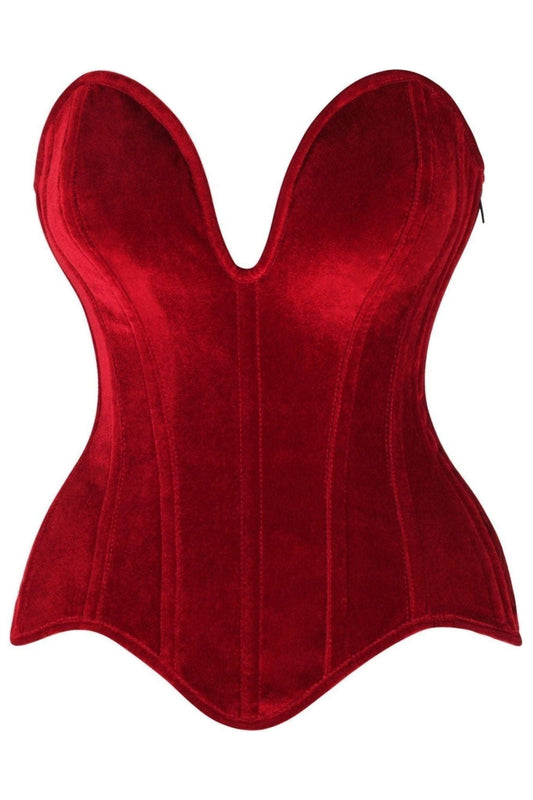 Top Drawer Steel Boned Dark Red Velvet Plunge Neckline Overbust Corset