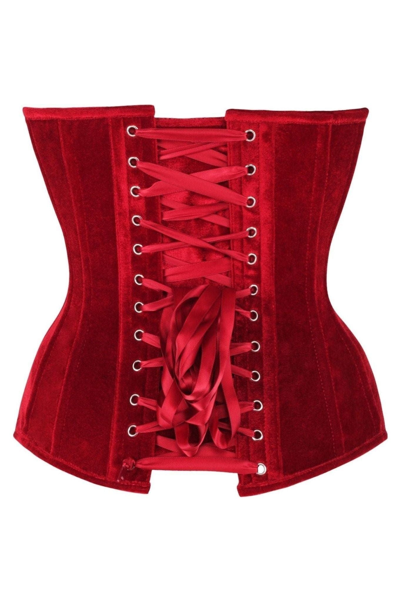 Top Drawer Steel Boned Dark Red Velvet Plunge Neckline Overbust Corset.