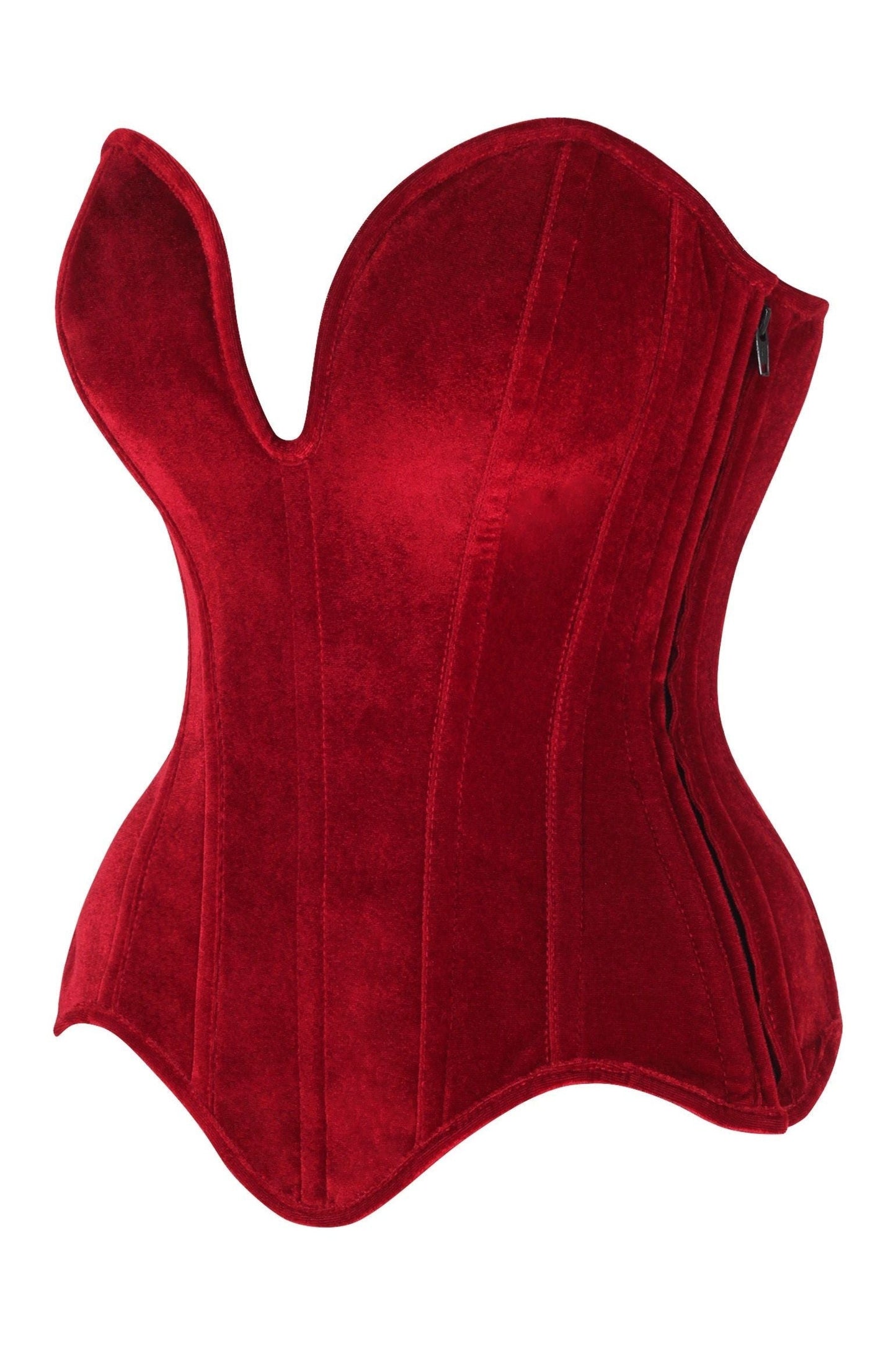 Top Drawer Steel Boned Dark Red Velvet Plunge Neckline Overbust Corset.