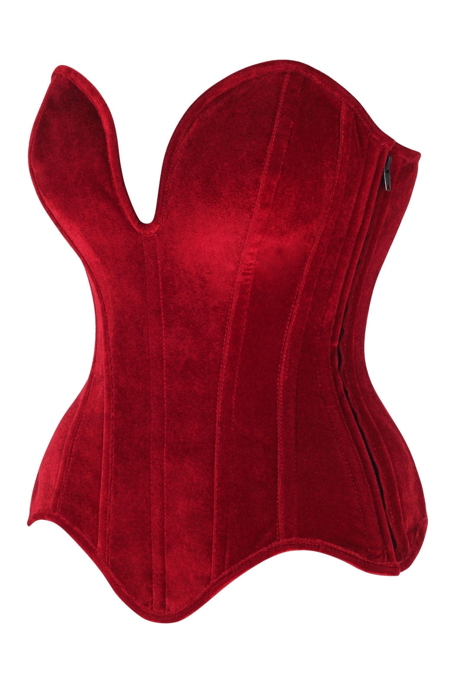 Top Drawer Steel Boned Dark Red Velvet Plunge Neckline Overbust Corset.
