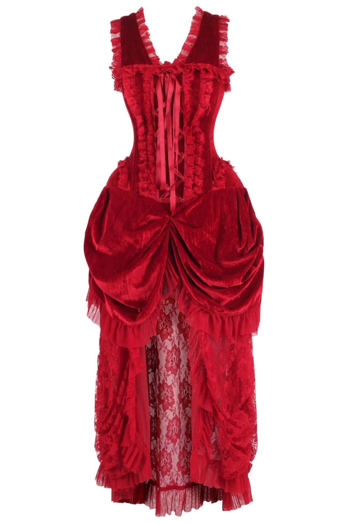 Top Drawer Steel Boned Dark Red Velvet Victorian Bustle Corset Dress.