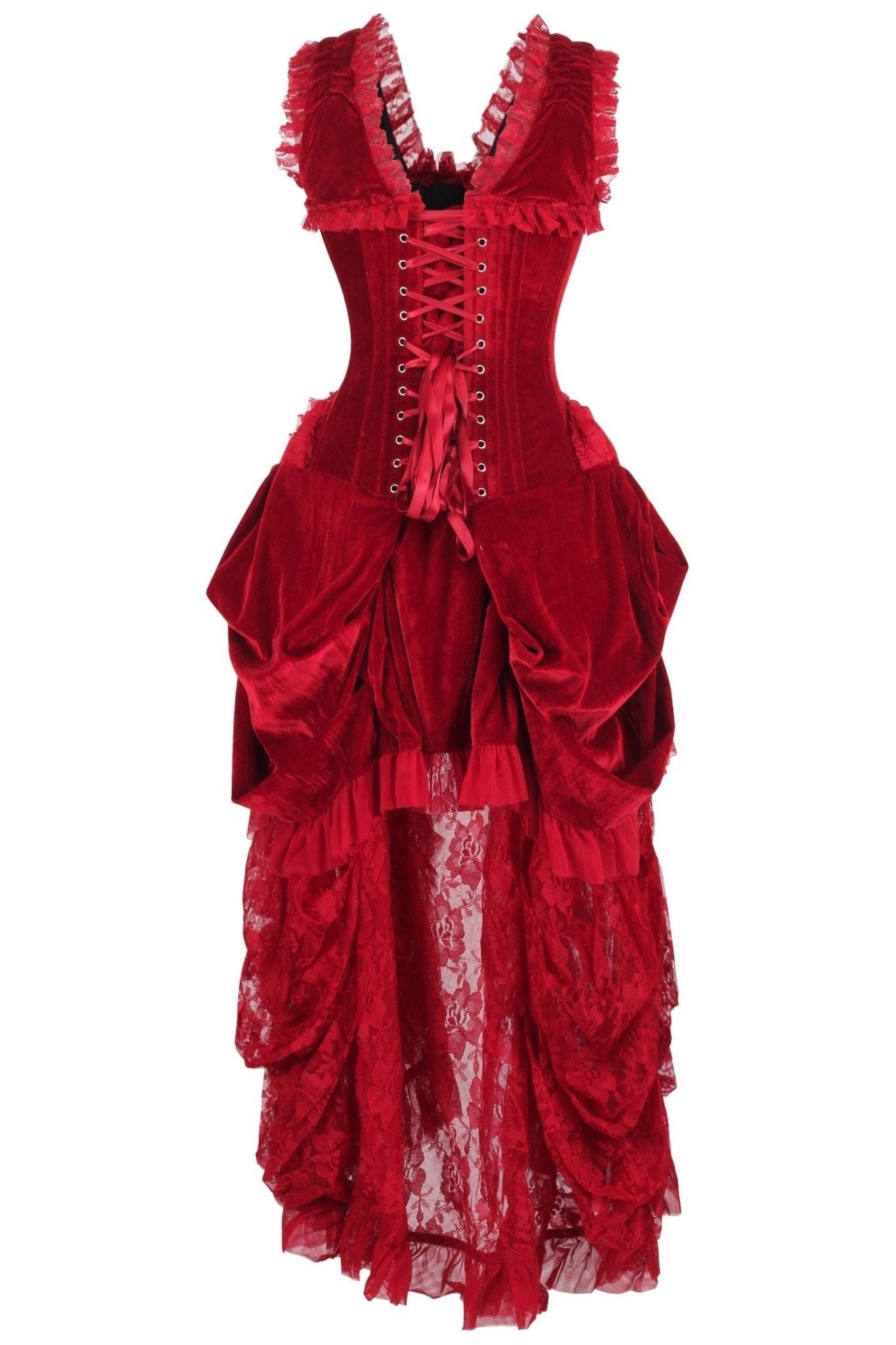 Top Drawer Steel Boned Dark Red Velvet Victorian Bustle Corset Dress.