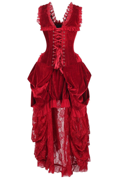 Top Drawer Steel Boned Dark Red Velvet Victorian Bustle Corset Dress.