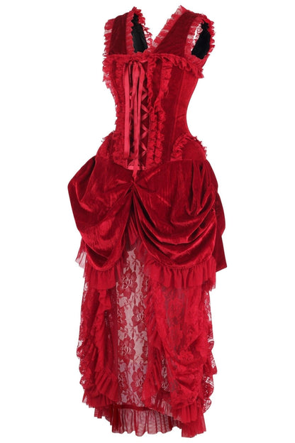 Top Drawer Steel Boned Dark Red Velvet Victorian Bustle Corset Dress.