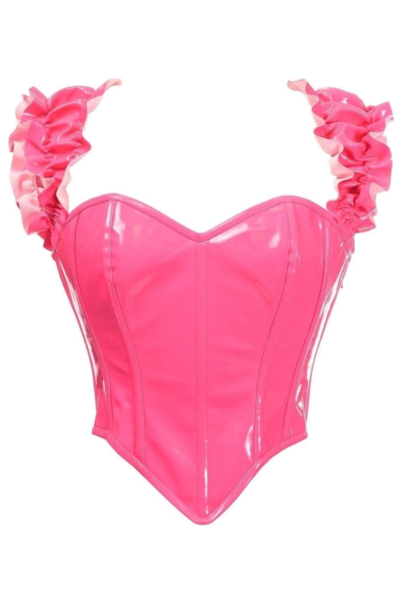 Top Drawer Steel Boned Hot Pink Patent Ruffle Sleeve Bustier Corset.