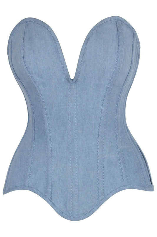 Top Drawer Steel Boned Light Blue Denim Plunge Neckline Overbust Corset.