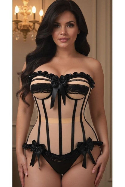 Top Drawer Steel Boned Blush Beige & Black Mesh Underwire Bustier Corset