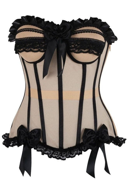 Top Drawer Steel Boned Blush Beige & Black Mesh Underwire Bustier Corset