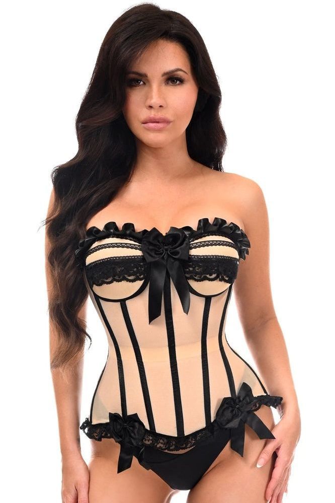 Top Drawer Steel Boned Blush Beige & Black Mesh Underwire Bustier Corset