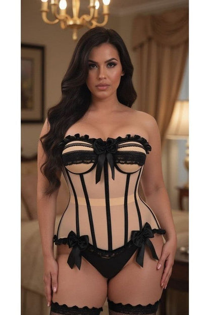 Top Drawer Steel Boned Blush Beige & Black Mesh Underwire Bustier Corset