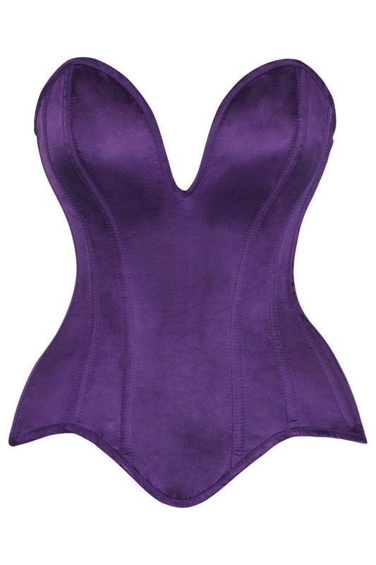 Top Drawer Steel Boned Plum Satin Plunge Neckline Overbust Corset.