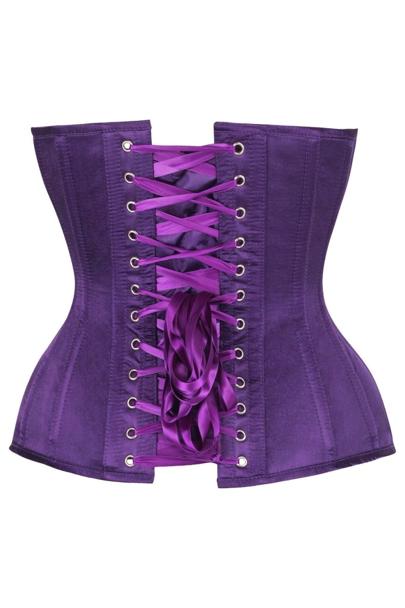 Top Drawer Steel Boned Plum Satin Plunge Neckline Overbust Corset.