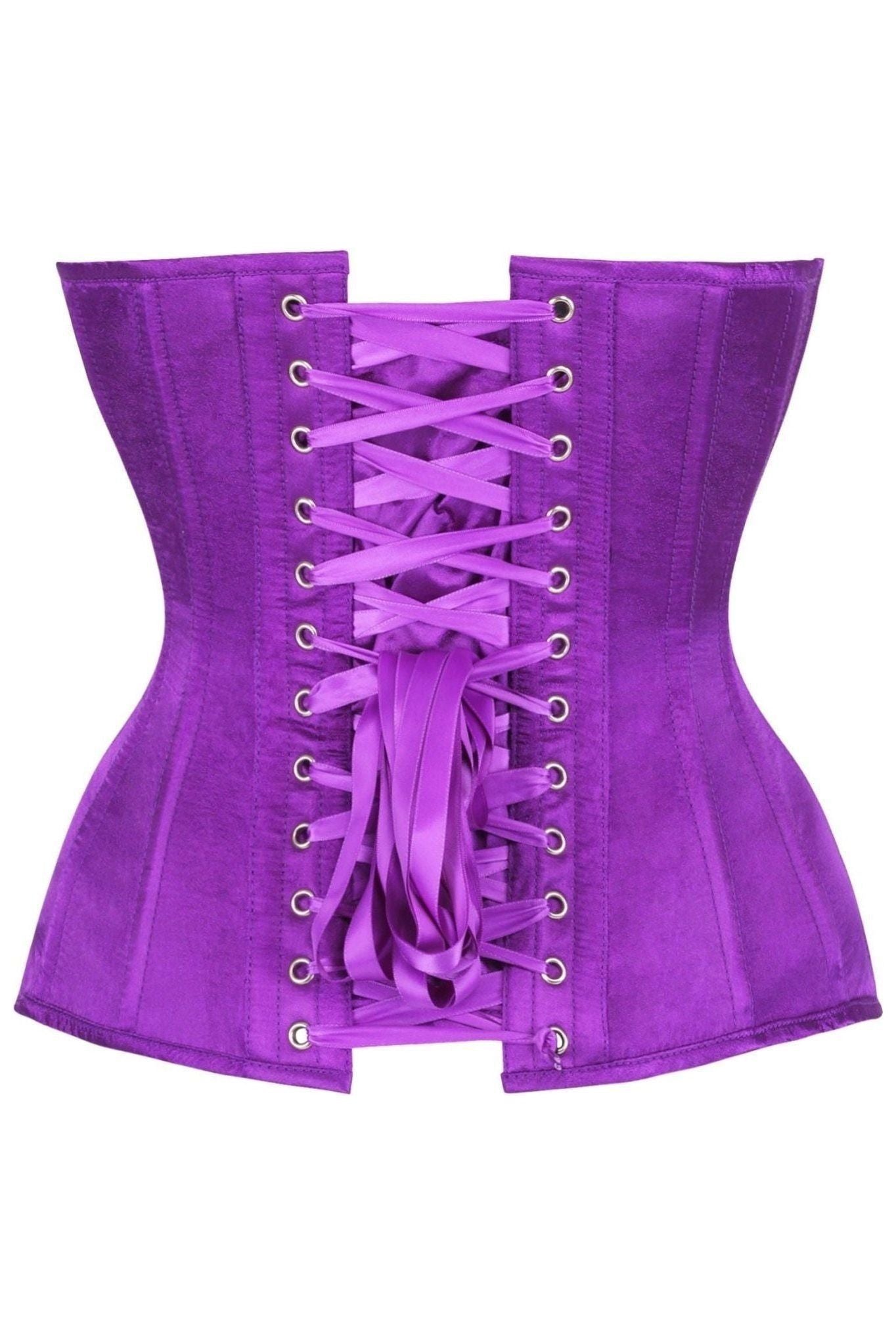 Top Drawer Steel Boned Purple Satin Plunge Neckline Overbust Corset.