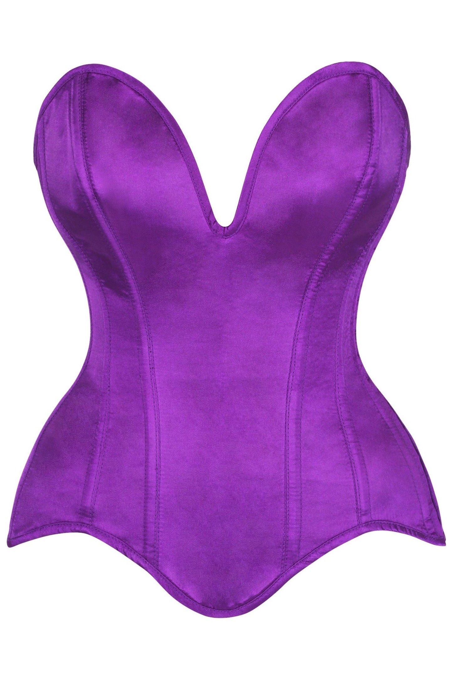 Top Drawer Steel Boned Purple Satin Plunge Neckline Overbust Corset.
