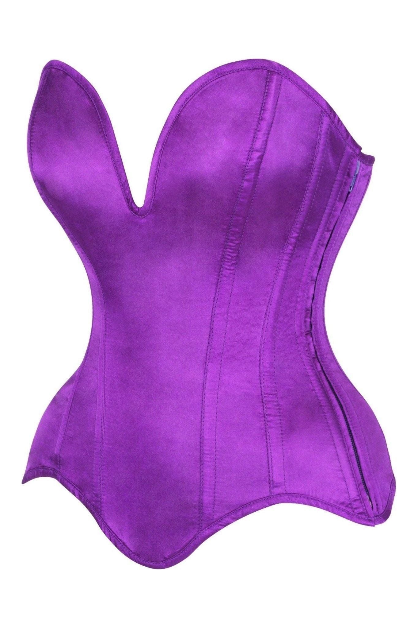 Top Drawer Steel Boned Purple Satin Plunge Neckline Overbust Corset.