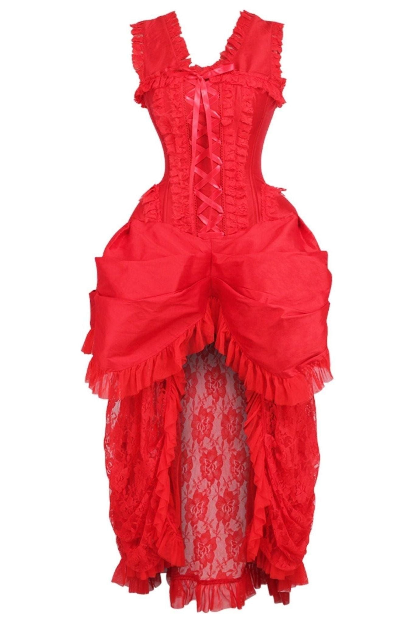 Top Drawer Steel Boned Red Lace Victorian Bustle Corset Dress.