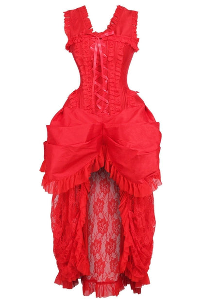 Top Drawer Steel Boned Red Lace Victorian Bustle Corset Dress.