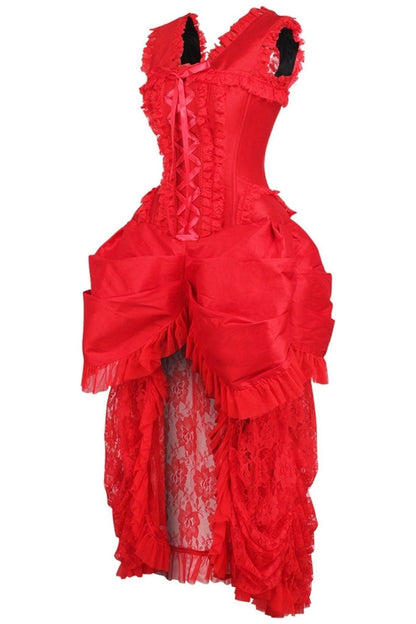Top Drawer Steel Boned Red Lace Victorian Bustle Corset Dress.