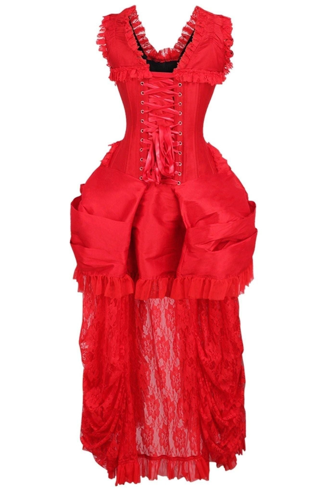 Top Drawer Steel Boned Red Lace Victorian Bustle Corset Dress.