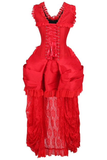 Top Drawer Steel Boned Red Lace Victorian Bustle Corset Dress.