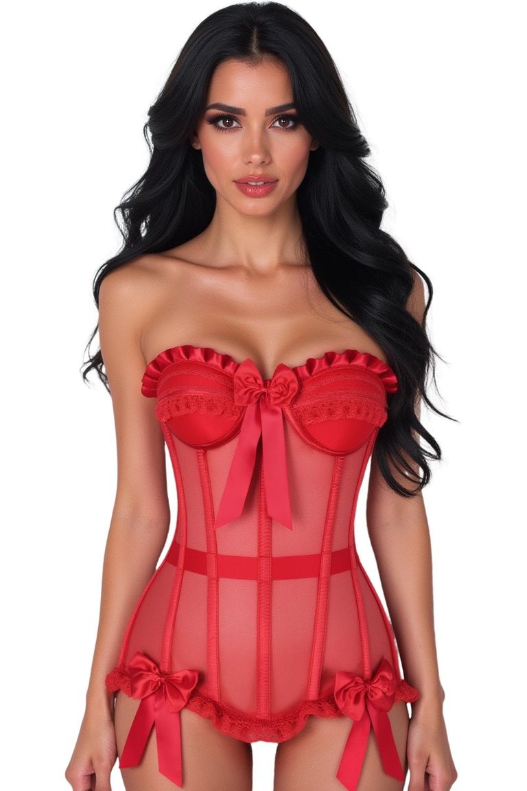 Top Drawer Steel Boned Red Mesh Underwire Bustier Corset.