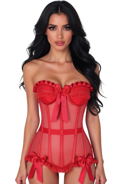 Top Drawer Steel Boned Red Mesh Underwire Bustier Corset.